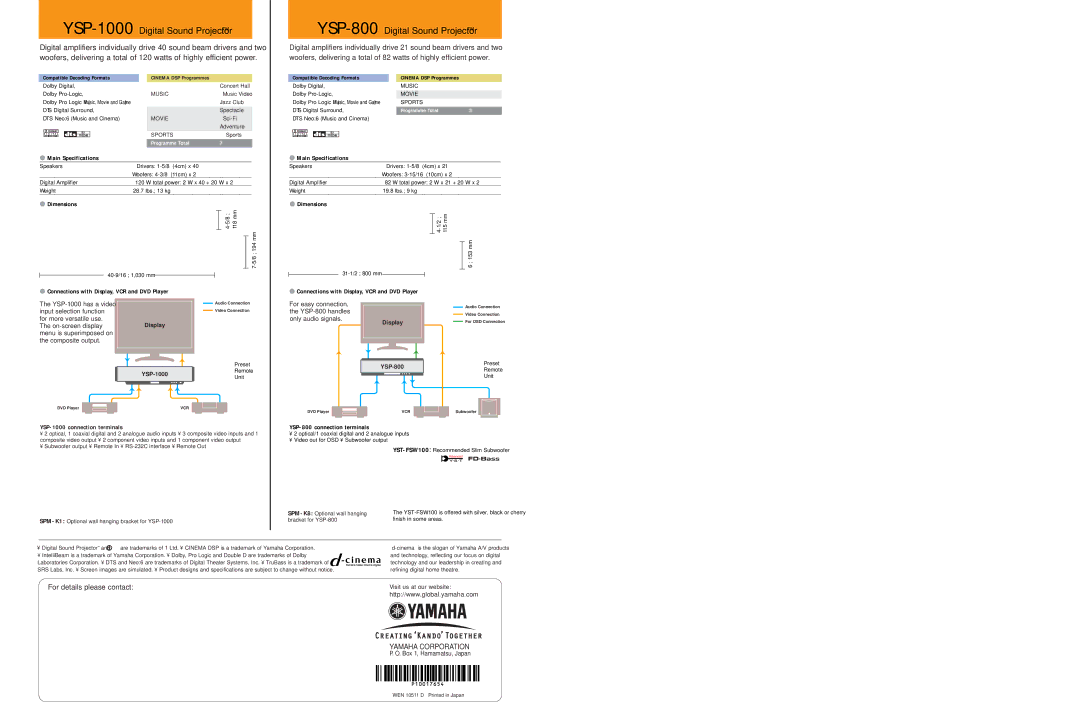 Yamaha YSP-800 specifications YSP-1000Digital Sound Projector TM 