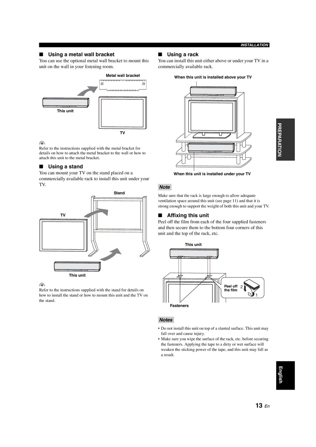 Yamaha YSP-900 owner manual 13 En, Using a metal wall bracket, Using a stand, Using a rack, Affixing this unit 