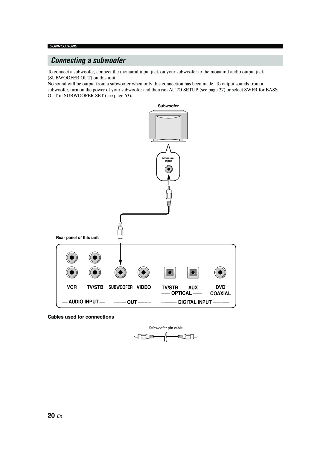 Yamaha YSP-900 owner manual Connecting a subwoofer, 20 En 