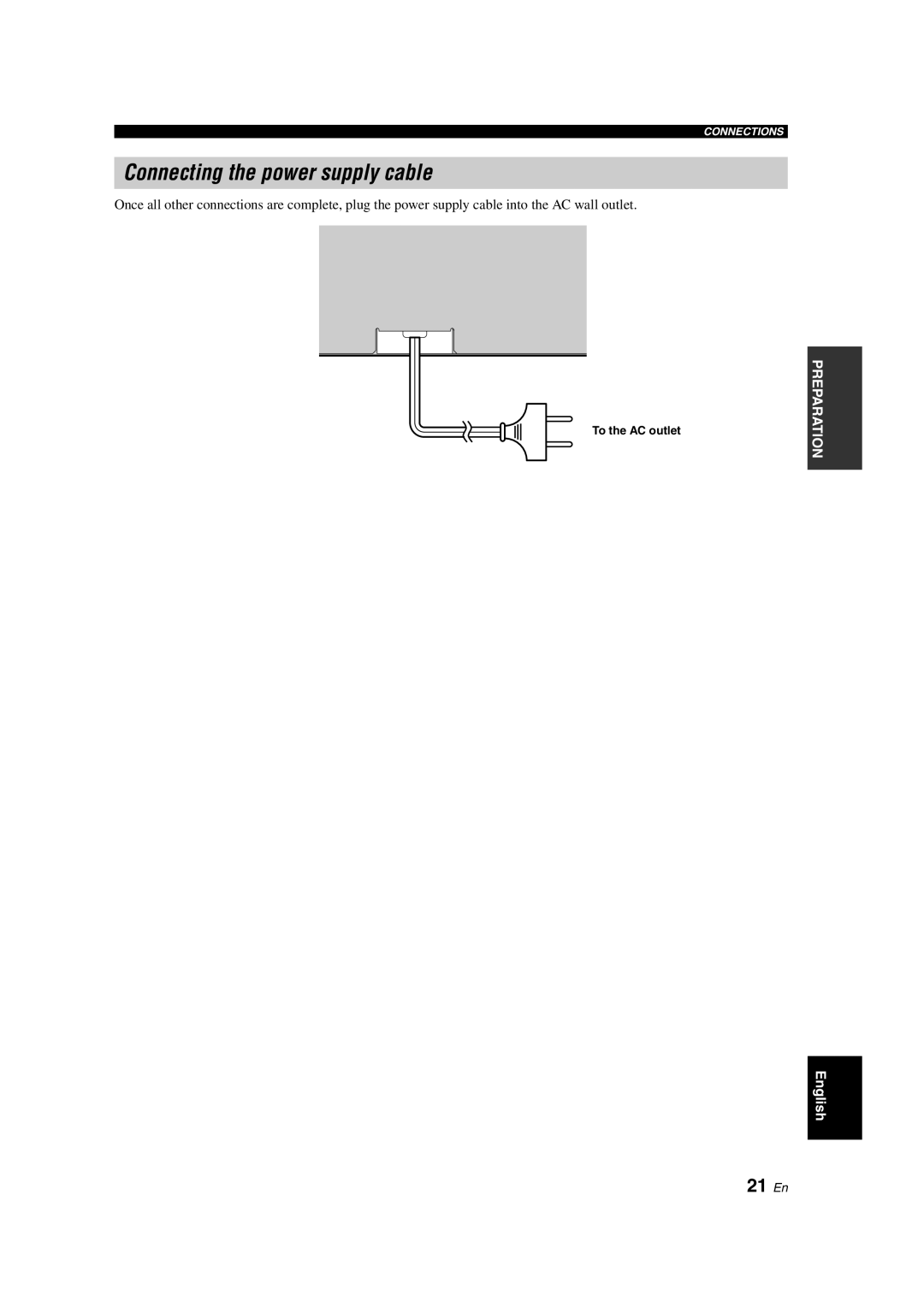 Yamaha YSP-900 owner manual Connecting the power supply cable, 21 En, To the AC outlet 