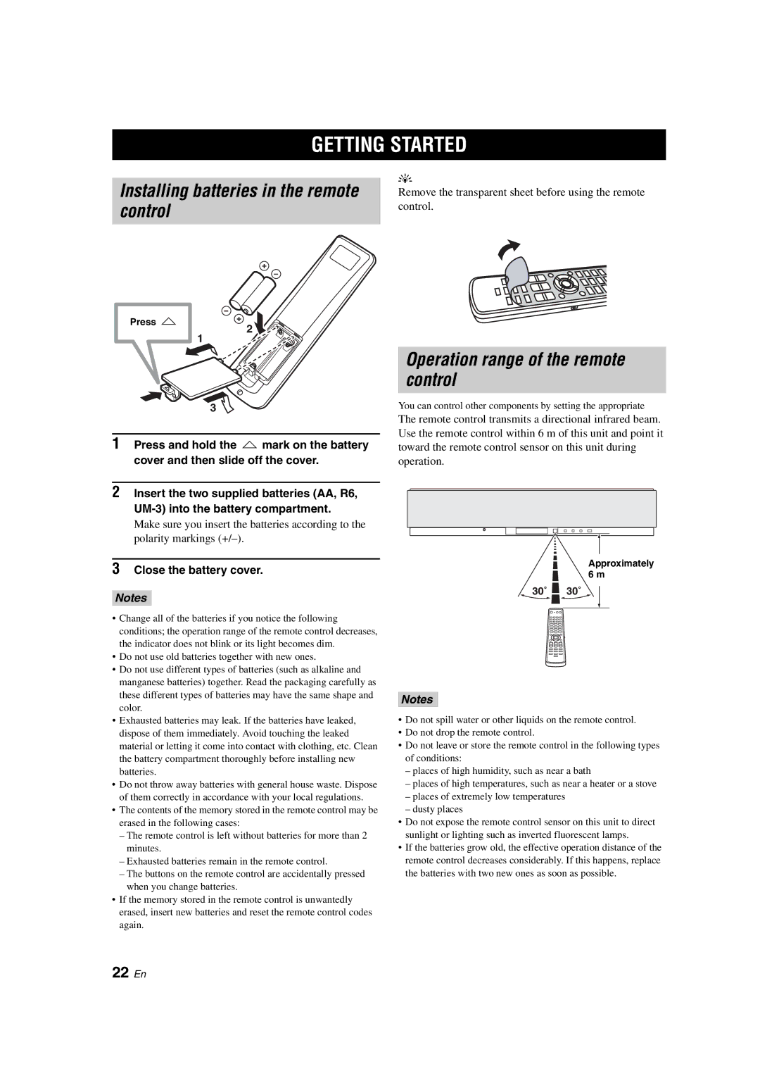 Yamaha YSP-900 Getting Started, Installing batteries in the remote control, Operation range of the remote control, 22 En 