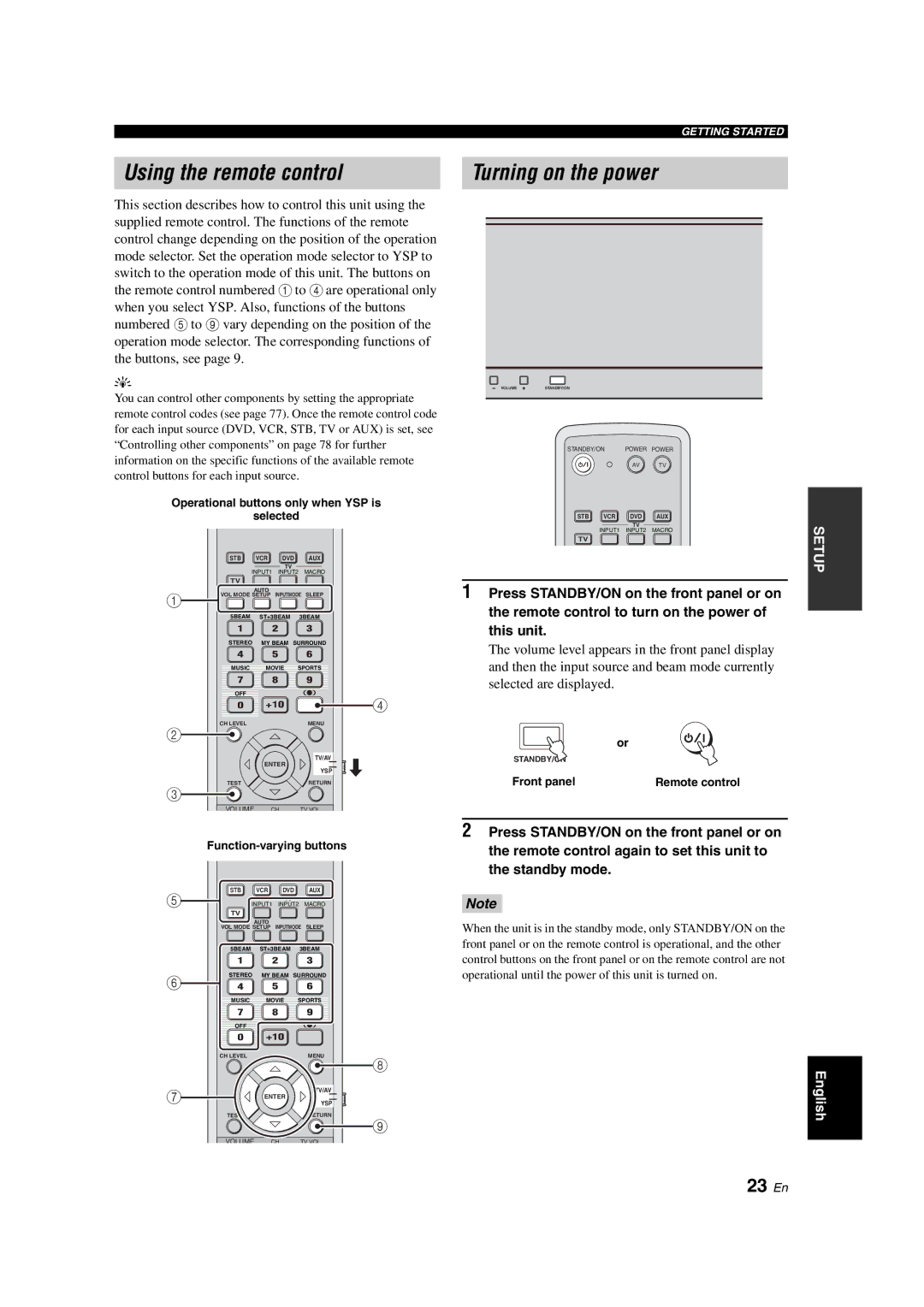 Yamaha YSP-900 Using the remote control Turning on the power, 23 En, Operational buttons only when YSP is Selected 