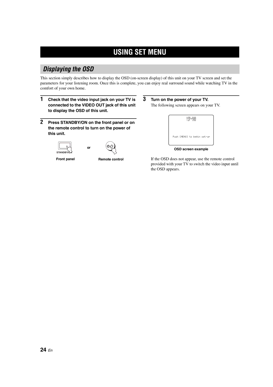 Yamaha YSP-900 owner manual Using SET Menu, Displaying the OSD, 24 En, Front panel, OSD screen example 