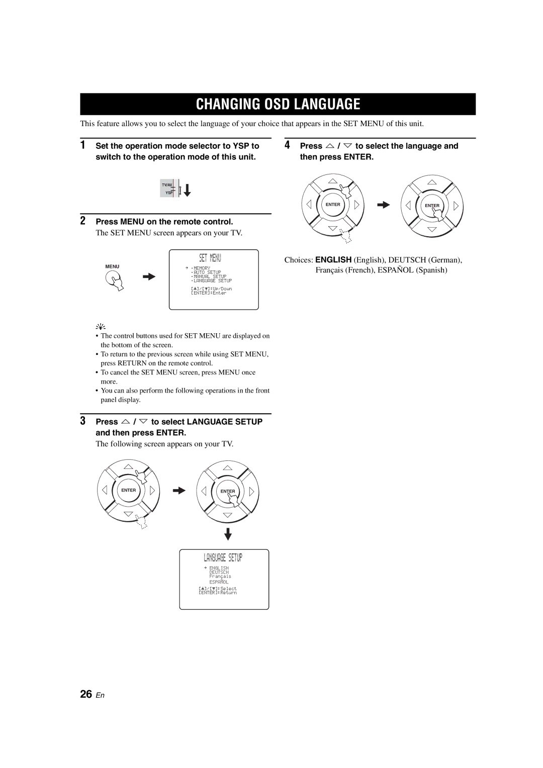 Yamaha YSP-900 owner manual Changing OSD Language, Language Setup, 26 En, Press Menu on the remote control 