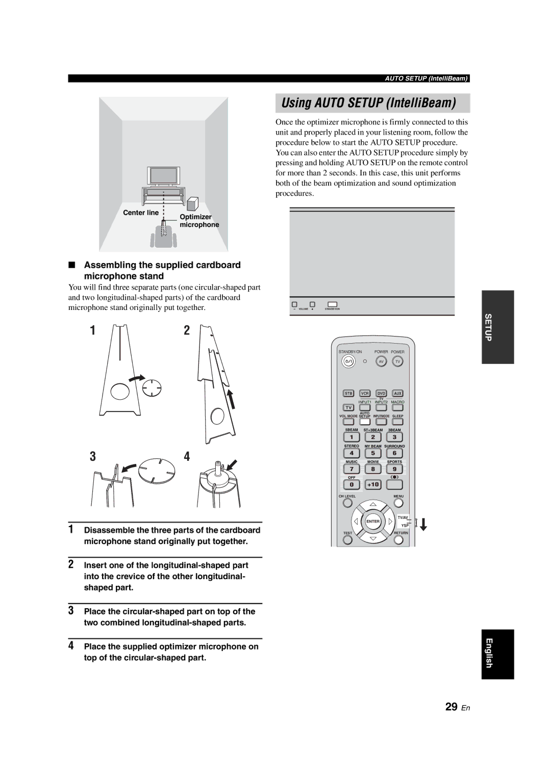 Yamaha YSP-900 Using Auto Setup IntelliBeam, 29 En, Assembling the supplied cardboard Microphone stand, Center line 