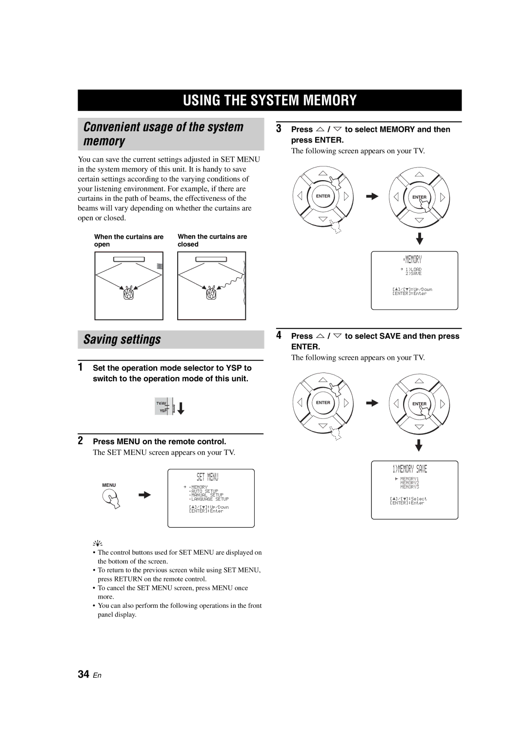 Yamaha YSP-900 owner manual Using the System Memory, Convenient usage of the system memory, Saving settings, 34 En 