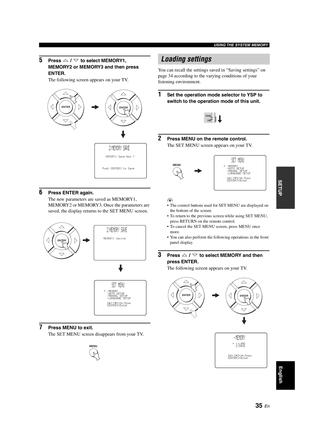 Yamaha YSP-900 owner manual Loading settings, SET Menu, 35 En, Press Enter again, Press Menu to exit 