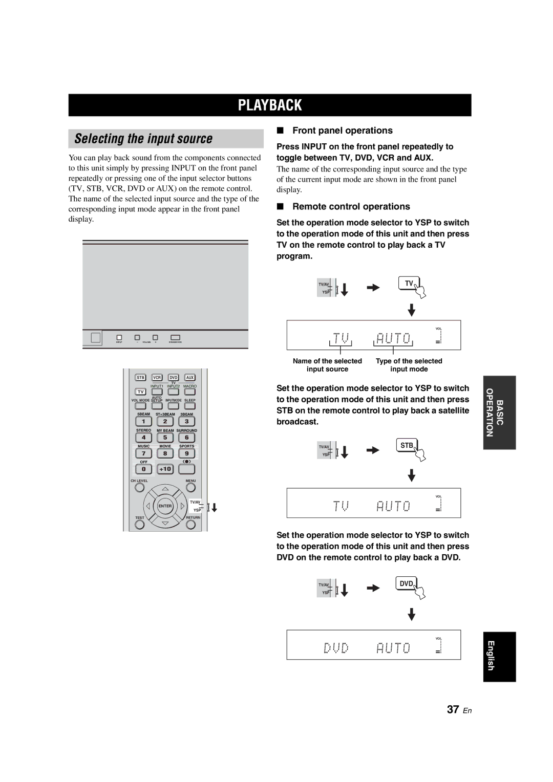 Yamaha YSP-900 owner manual Playback, Selecting the input source, 37 En, Front panel operations, Remote control operations 