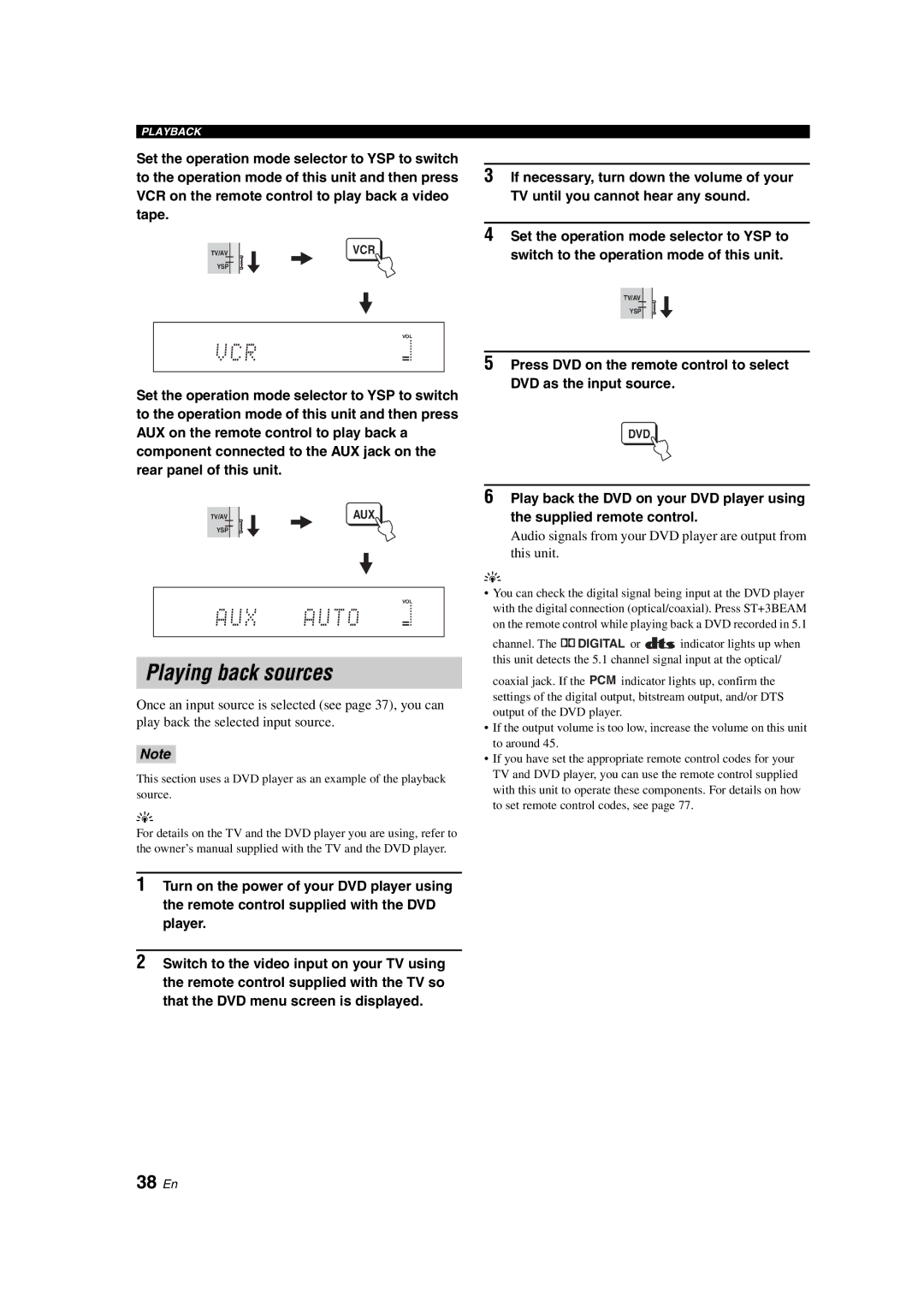 Yamaha YSP-900 owner manual Playing back sources, 38 En 