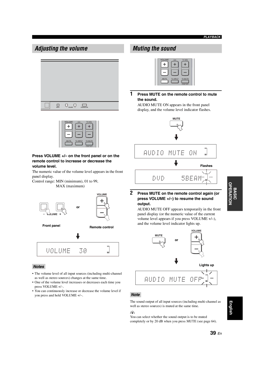 Yamaha YSP-900 Adjusting the volume, Muting the sound, 39 En, Press Mute on the remote control to mute the sound 