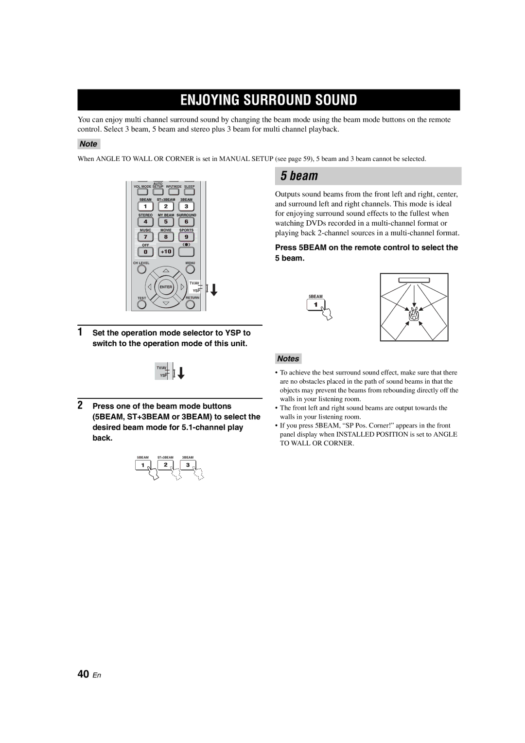 Yamaha YSP-900 owner manual Enjoying Surround Sound, Beam, 40 En, Press 5BEAM on the remote control to select the 5 beam 