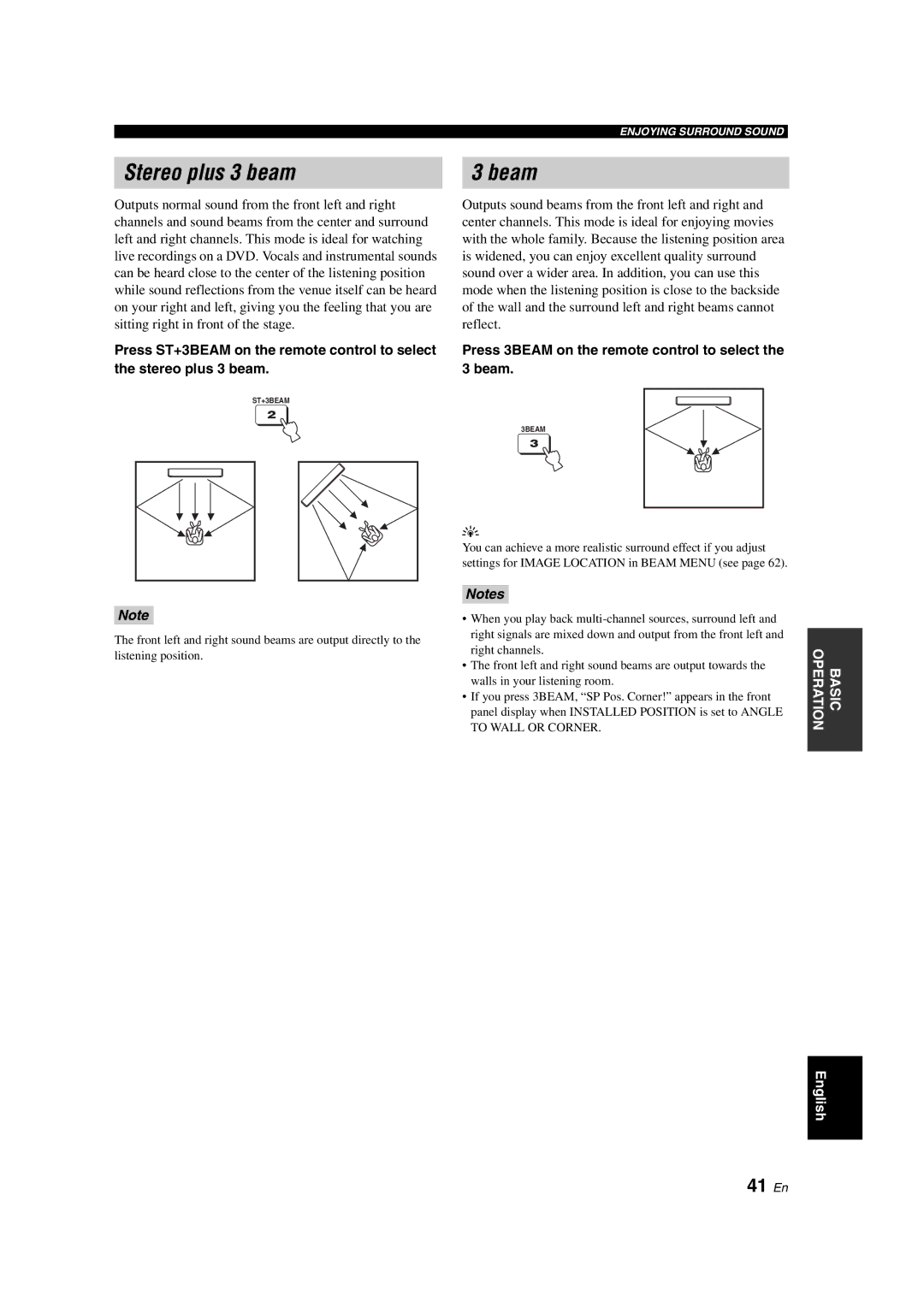 Yamaha YSP-900 owner manual Stereo plus 3 beam Beam, 41 En, Press 3BEAM on the remote control to select the 3 beam 