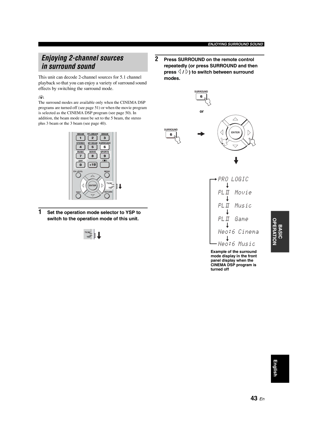 Yamaha YSP-900 owner manual Enjoying 2-channel sources, Surround sound, 43 En 