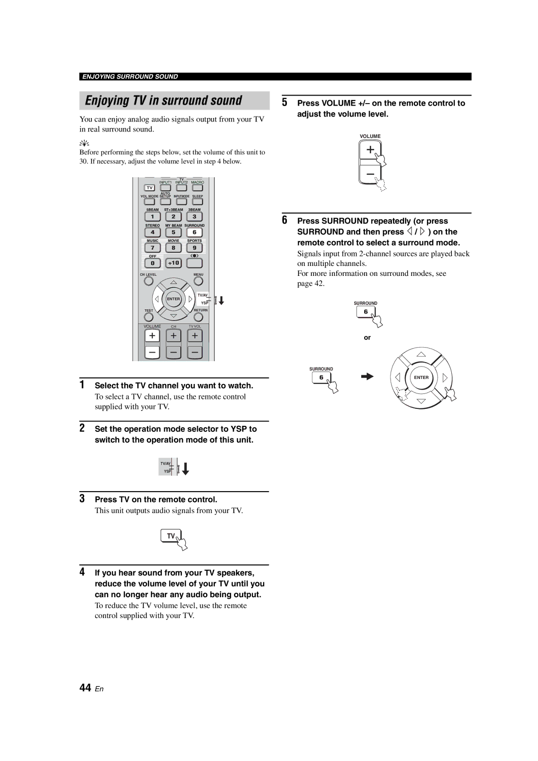 Yamaha YSP-900 owner manual 44 En, Select the TV channel you want to watch, Press TV on the remote control 