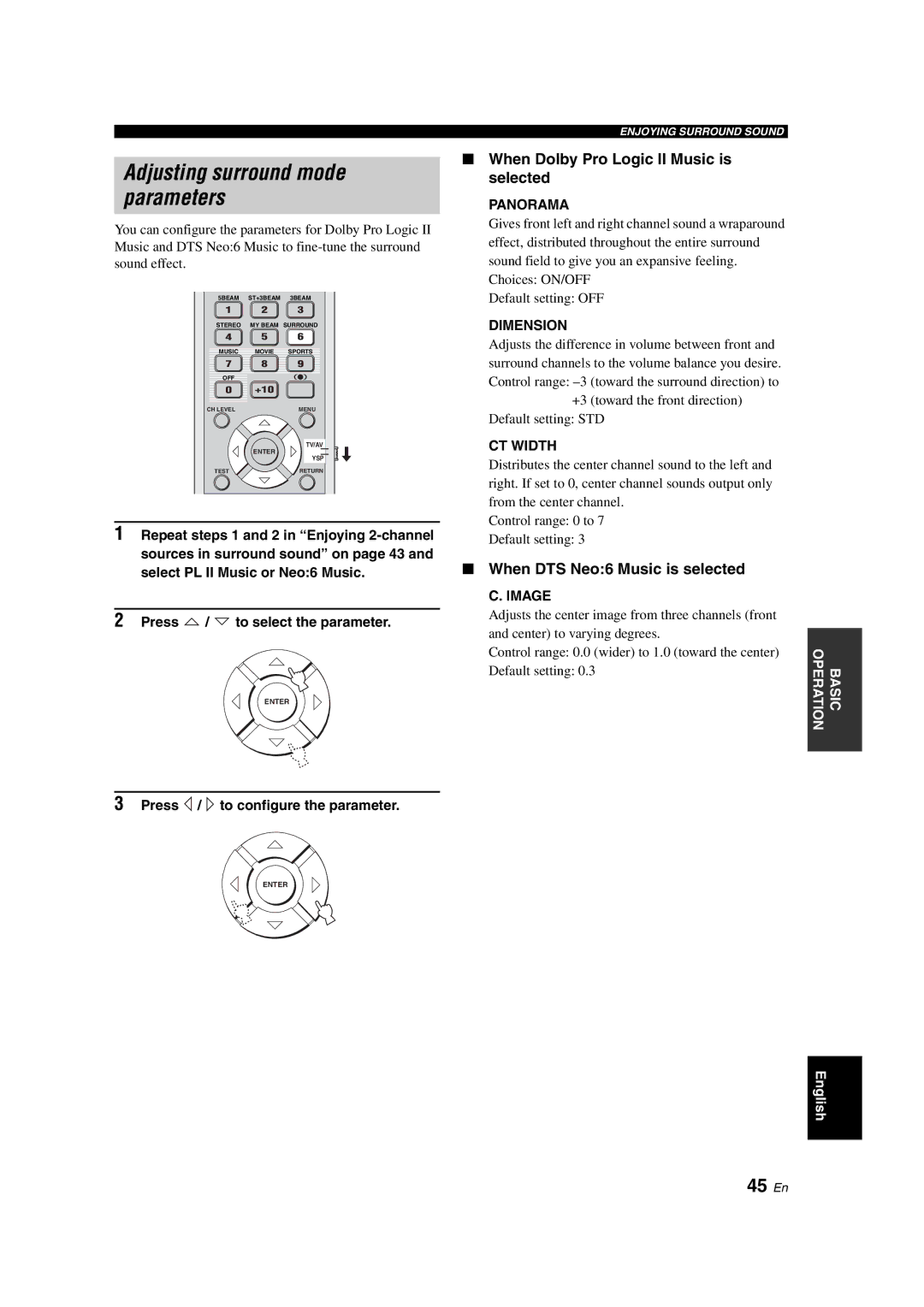 Yamaha YSP-900 owner manual Adjusting surround mode parameters, 45 En, When Dolby Pro Logic II Music is selected 