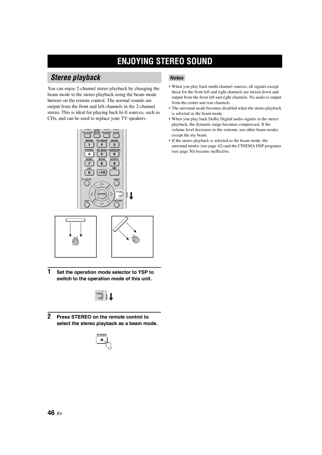 Yamaha YSP-900 owner manual Enjoying Stereo Sound, Stereo playback, 46 En 