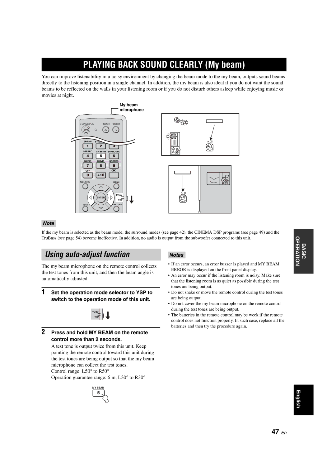 Yamaha YSP-900 owner manual Using auto-adjust function, 47 En, My beam microphone 