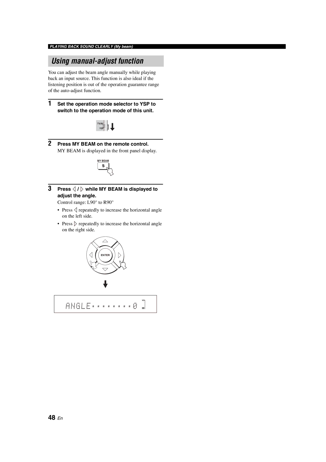 Yamaha YSP-900 owner manual Using manual-adjust function, 48 En, Press MY Beam on the remote control 