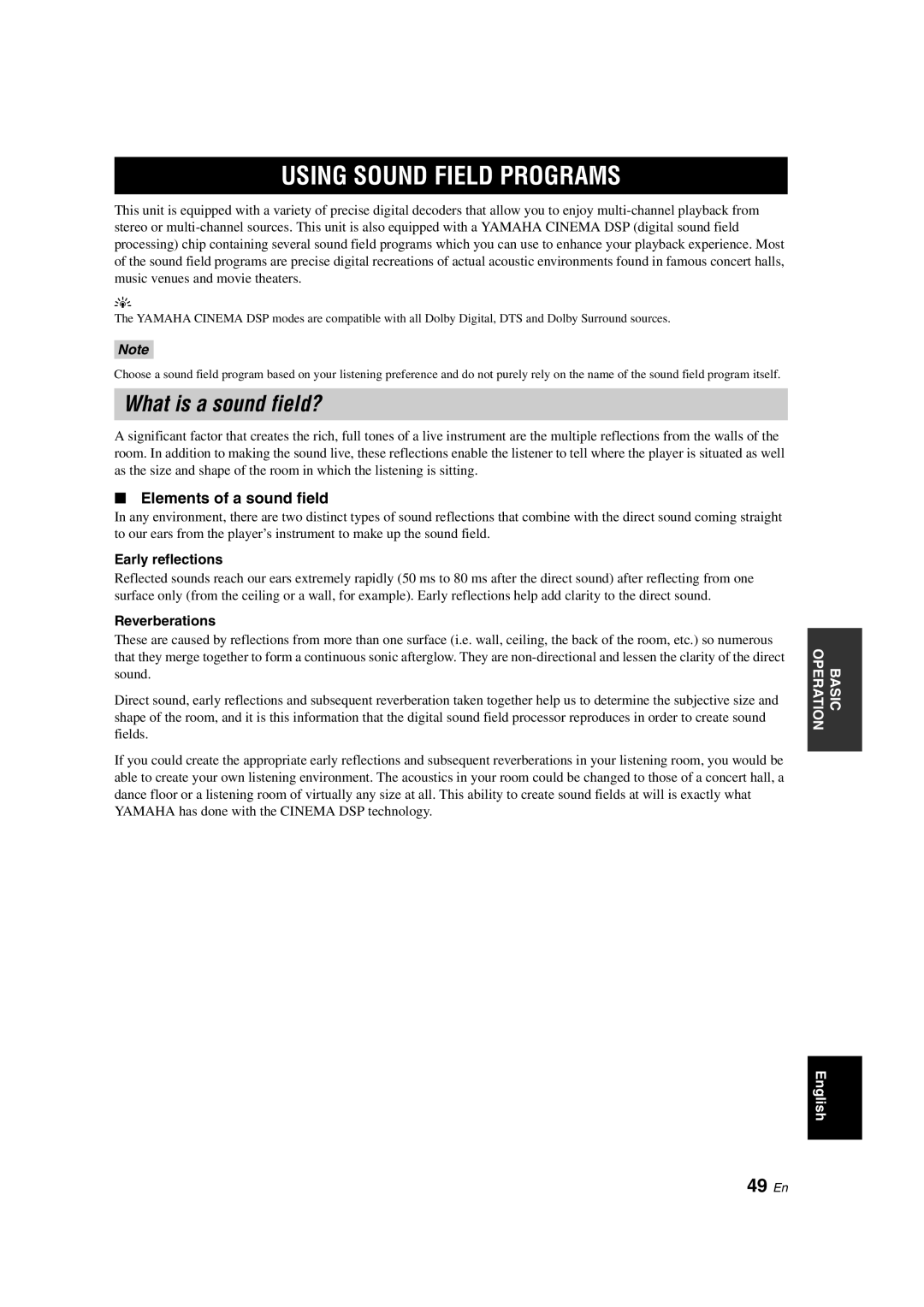 Yamaha YSP-900 owner manual Using Sound Field Programs, What is a sound field?, 49 En, Elements of a sound field 