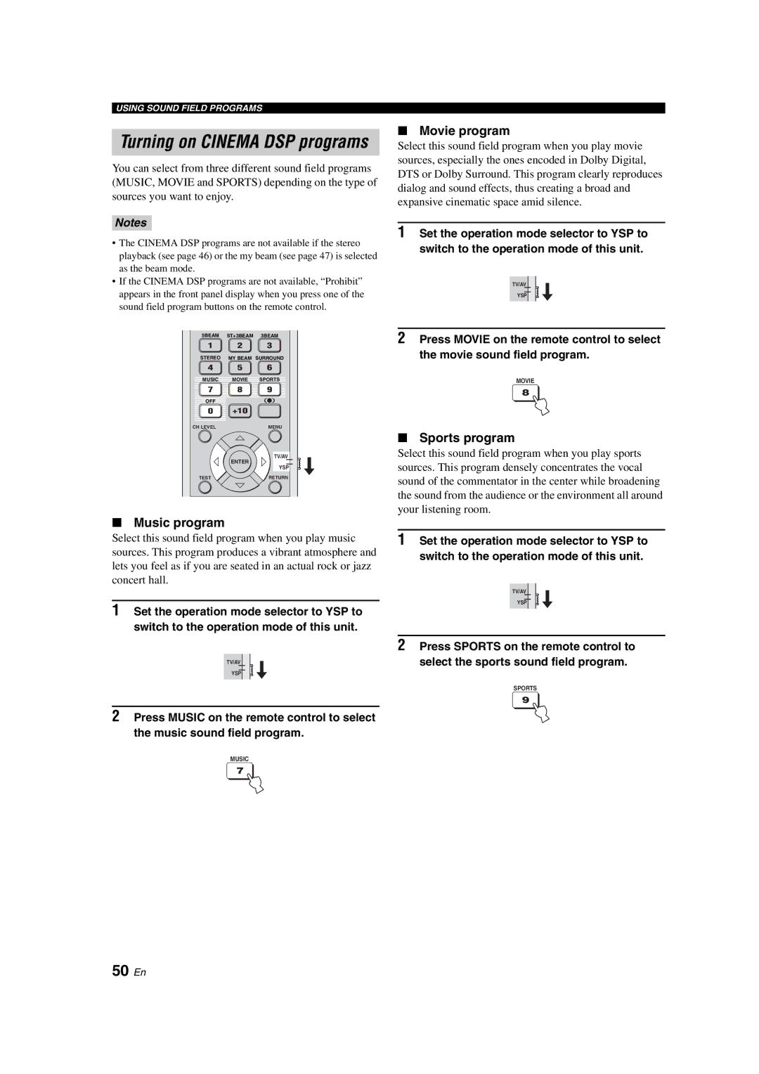 Yamaha YSP-900 owner manual 50 En, Music program, Movie program, Sports program 
