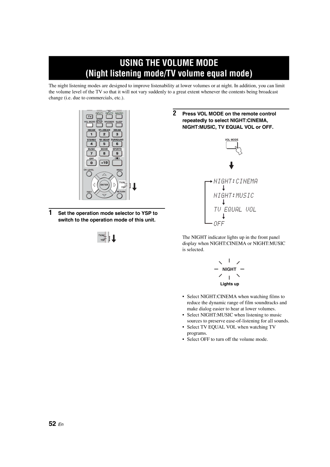 Yamaha YSP-900 owner manual Using the Volume Mode, 52 En 