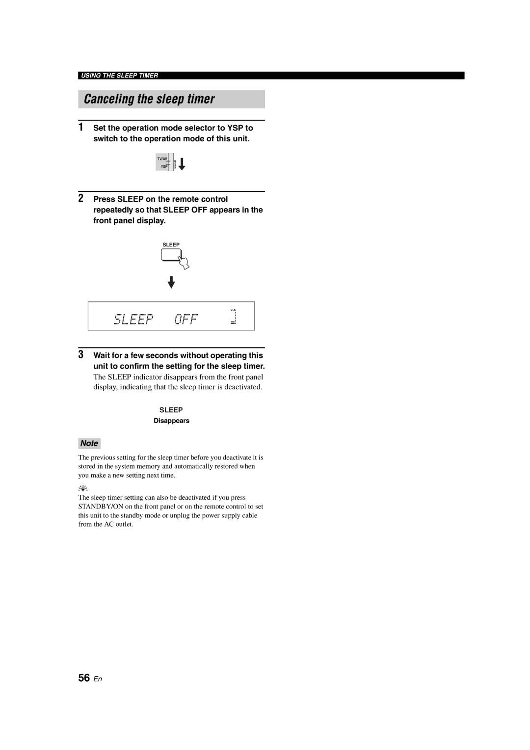 Yamaha YSP-900 owner manual Canceling the sleep timer, 56 En, Disappears 