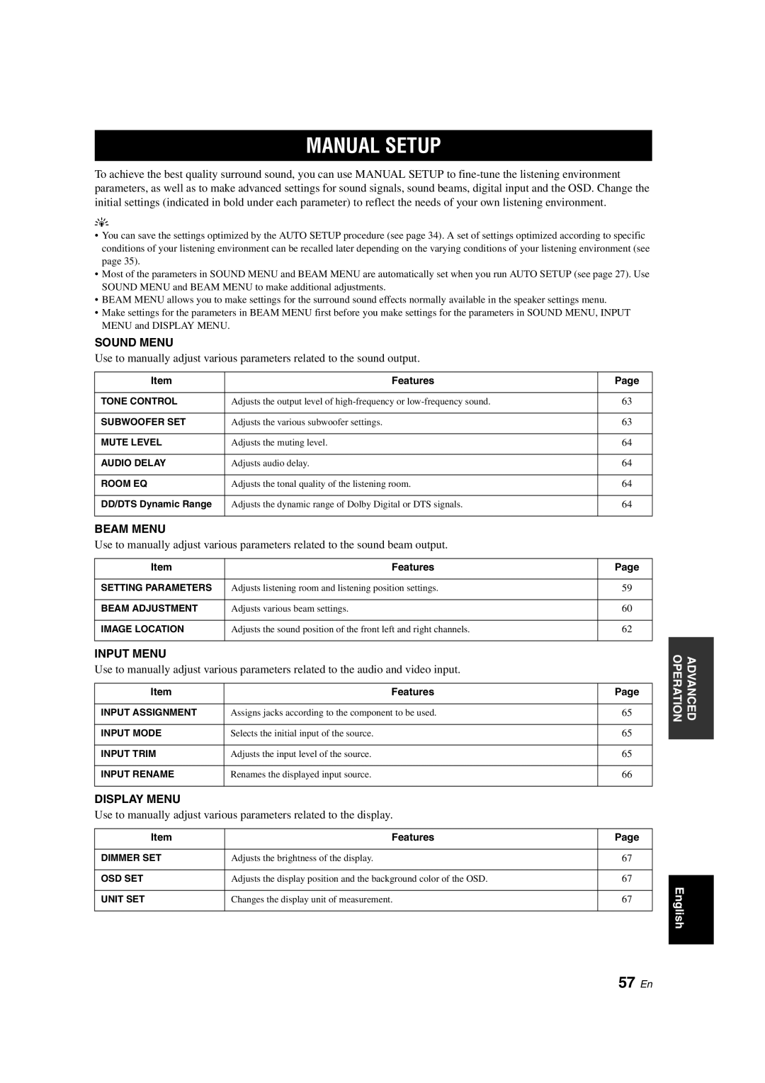 Yamaha YSP-900 owner manual Manual Setup, 57 En 