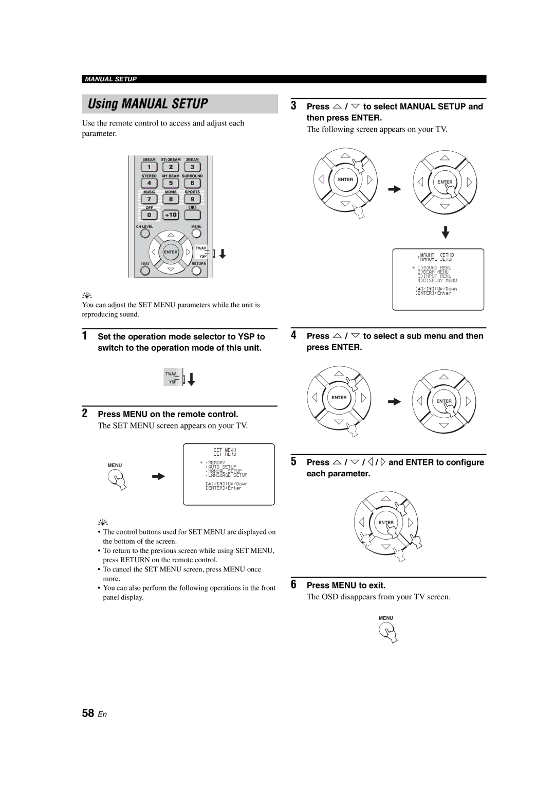 Yamaha YSP-900 owner manual Using Manual Setup, 58 En 