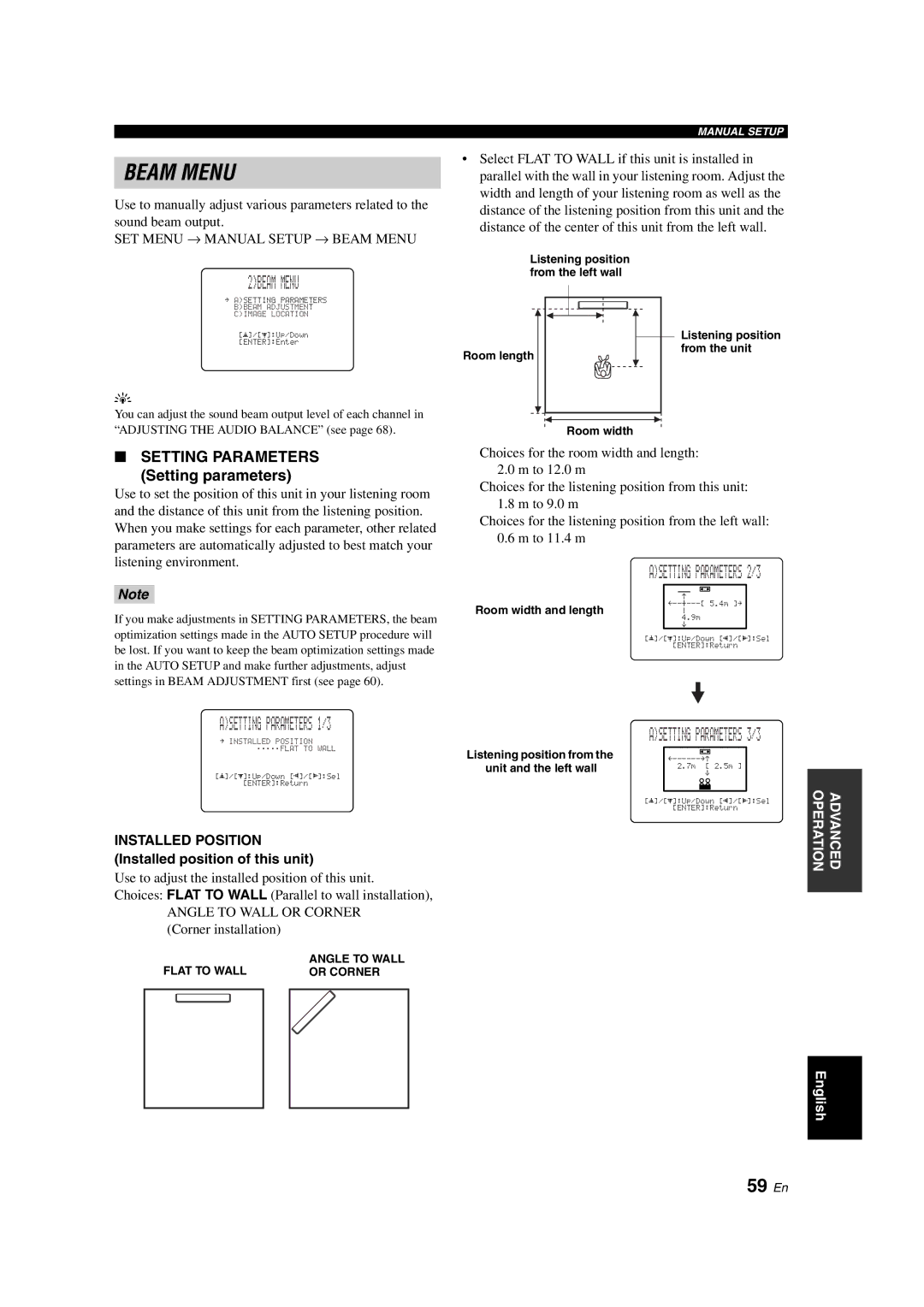 Yamaha YSP-900 owner manual 2BEAM Menu, Asetting Parameters 1/3, 59 En, Setting parameters 