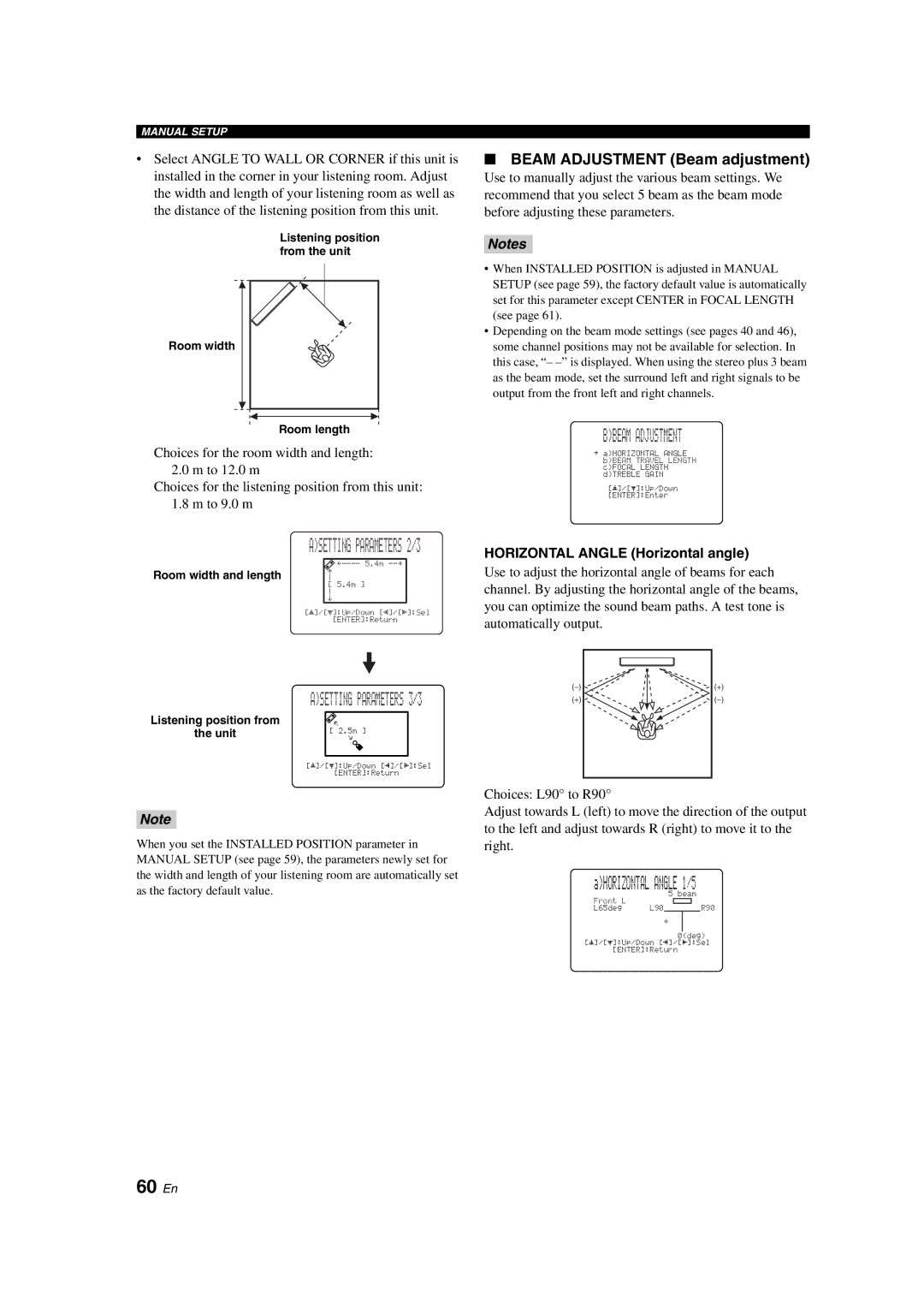 Yamaha YSP-900 owner manual Bbeam Adjustment, 60 En, Beam Adjustment Beam adjustment, Horizontal Angle Horizontal angle 