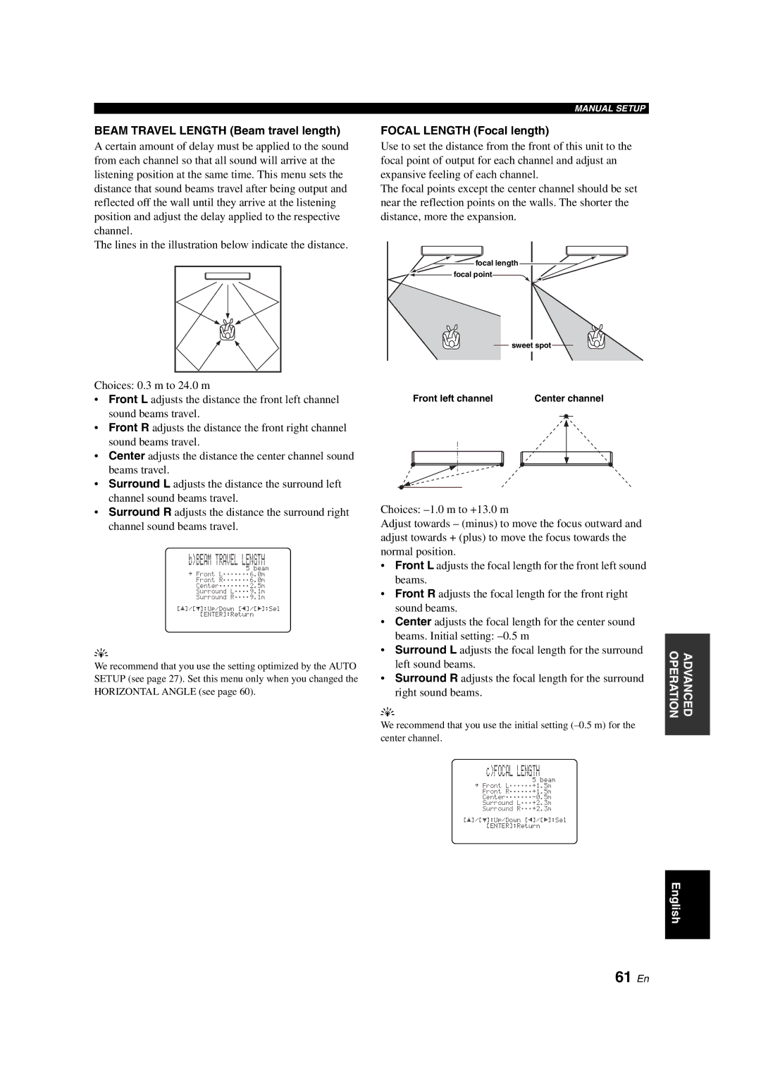 Yamaha YSP-900 owner manual 61 En, Beam Travel Length Beam travel length, Focal Length Focal length, Front left channel 