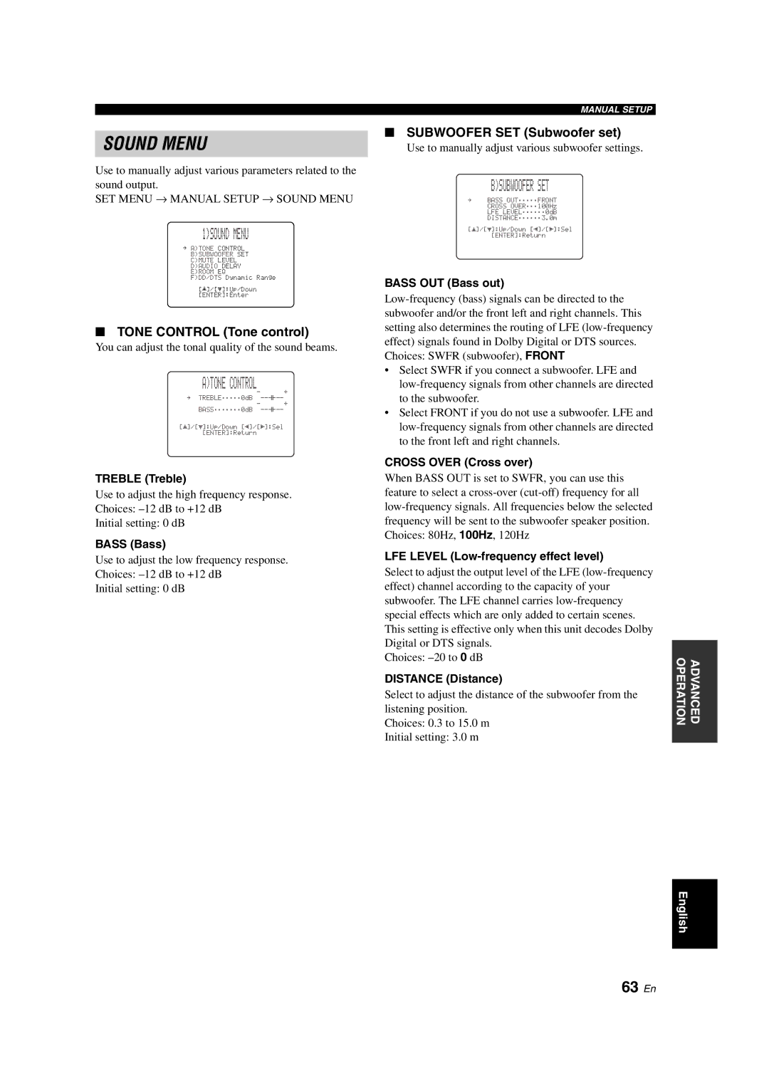 Yamaha YSP-900 owner manual 1SOUND Menu, 63 En, Tone Control Tone control, Subwoofer SET Subwoofer set 