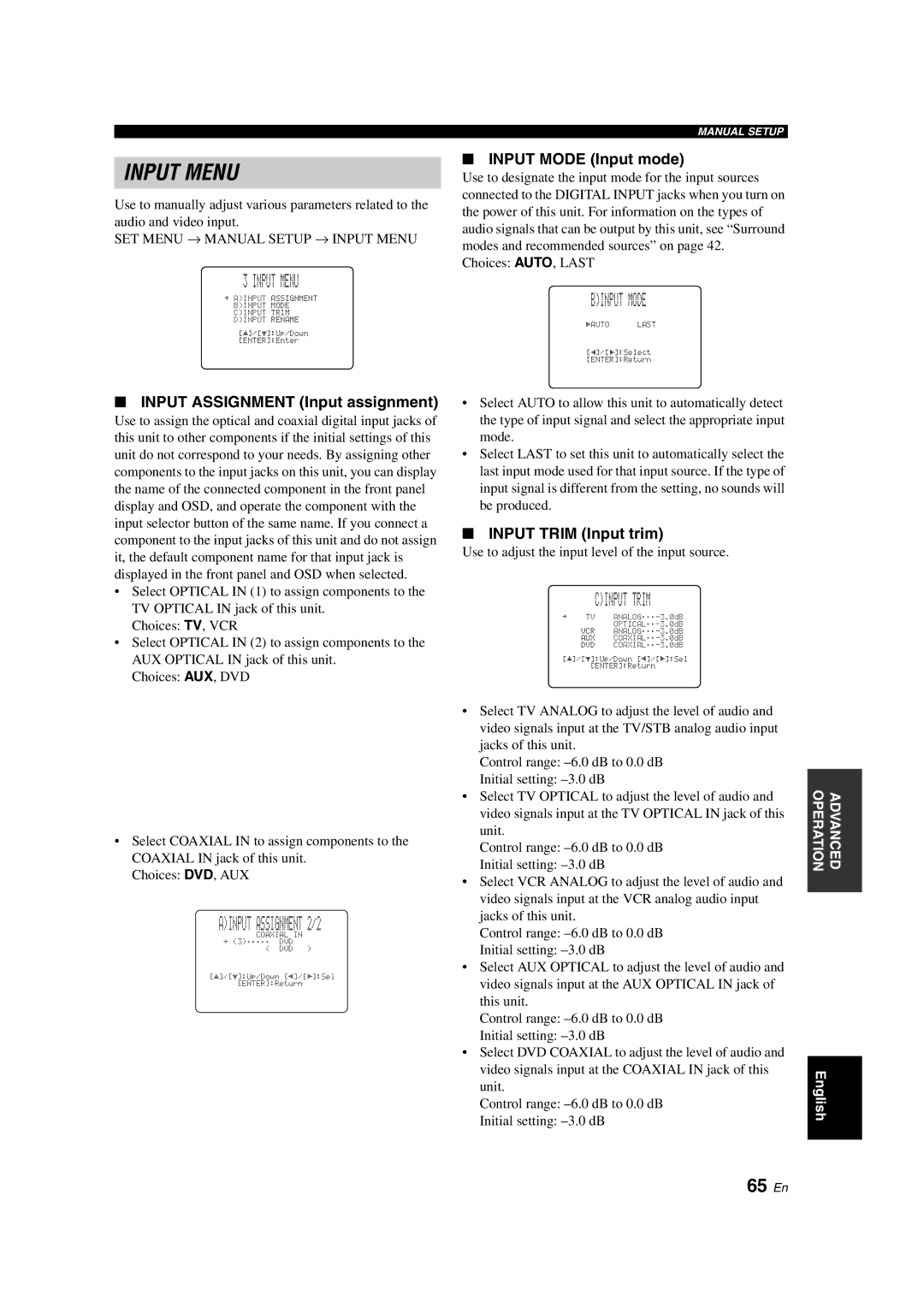 Yamaha YSP-900 owner manual Input Menu, Binput Mode, Cinput Trim, 65 En 