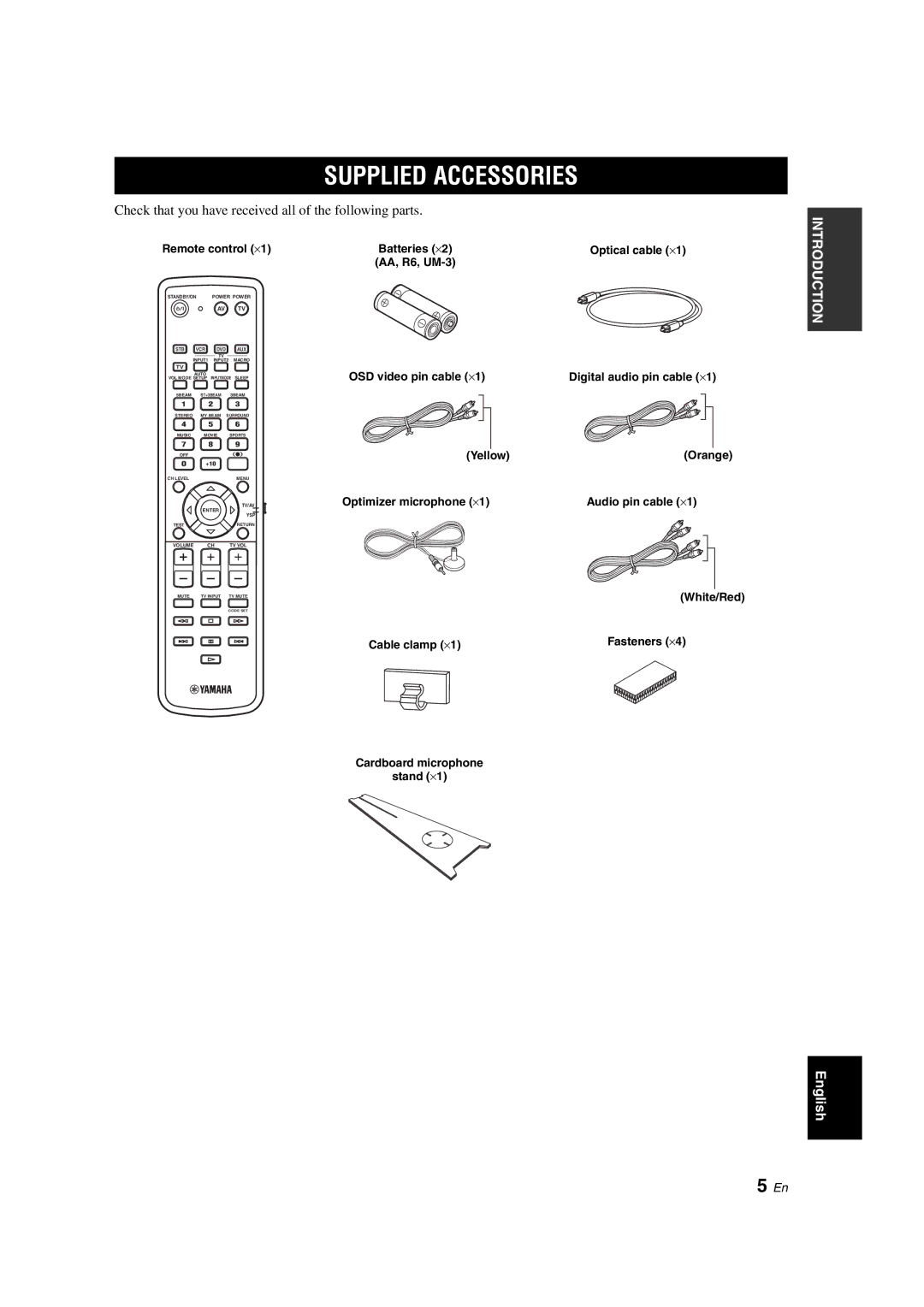 Yamaha YSP-900 Supplied Accessories, Remote control ⋅1, Yellow Optimizer microphone ⋅1 Orange Audio pin cable ⋅1 