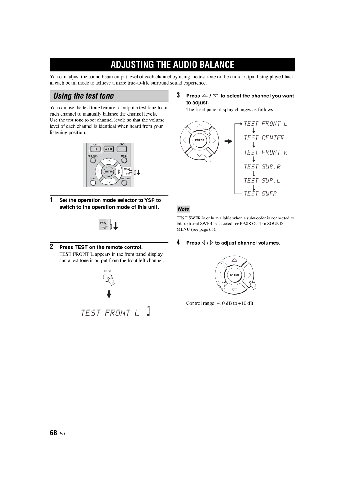 Yamaha YSP-900 Adjusting the Audio Balance, Using the test tone, 68 En, Press / to select the channel you want to adjust 