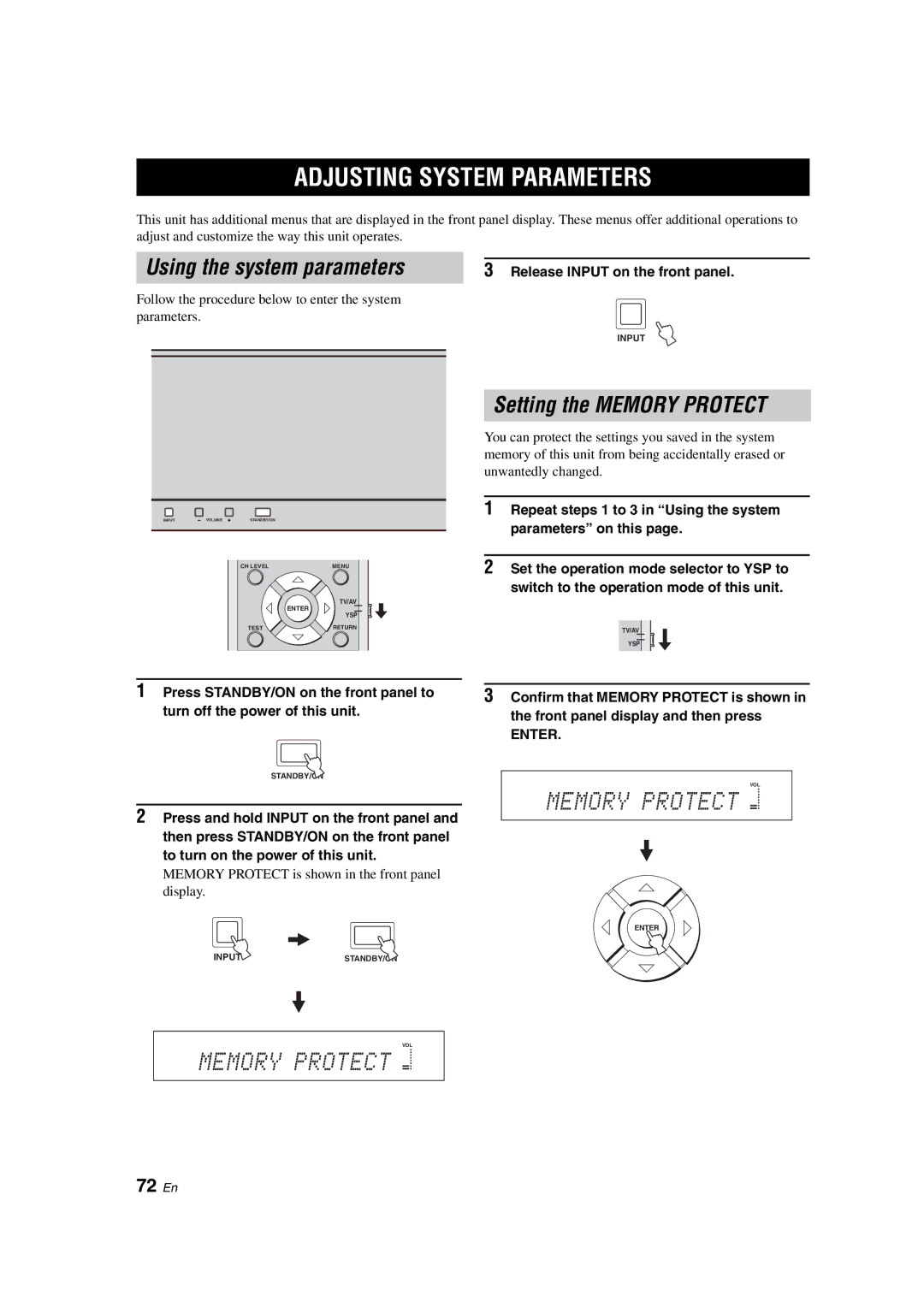 Yamaha YSP-900 owner manual Adjusting System Parameters, Using the system parameters, Setting the Memory Protect, 72 En 