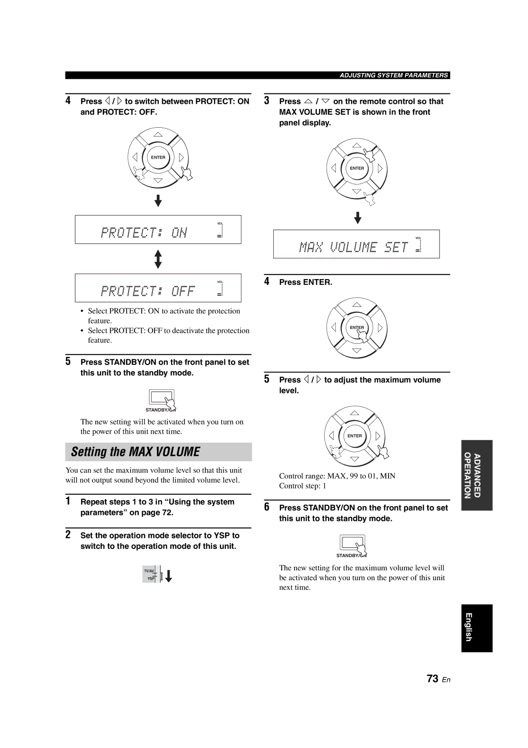 Yamaha YSP-900 owner manual Setting the MAX Volume, 73 En, Press / to switch between Protect on Protect OFF, Press Enter 