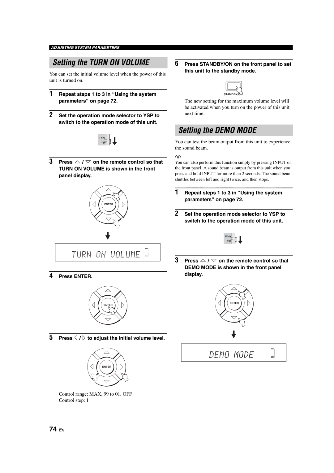 Yamaha YSP-900 Setting the Turn on Volume, Setting the Demo Mode, 74 En, Press / to adjust the initial volume level 