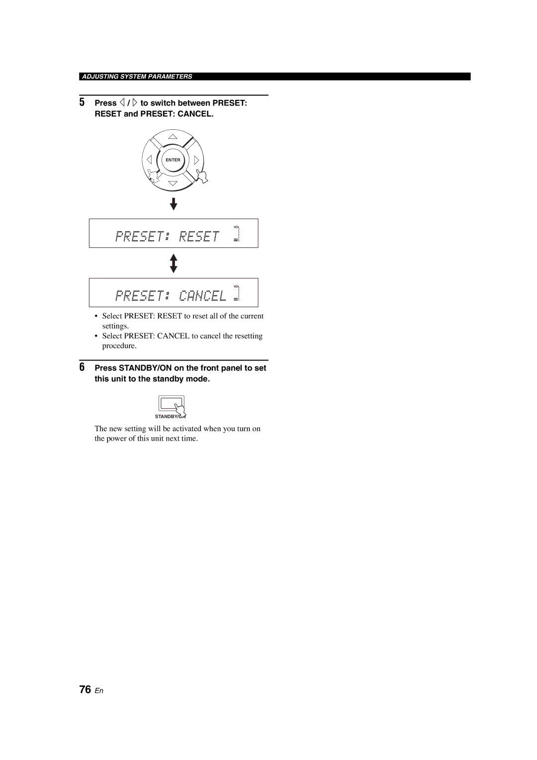 Yamaha YSP-900 owner manual 76 En, Press / to switch between Preset Reset and Preset Cancel 