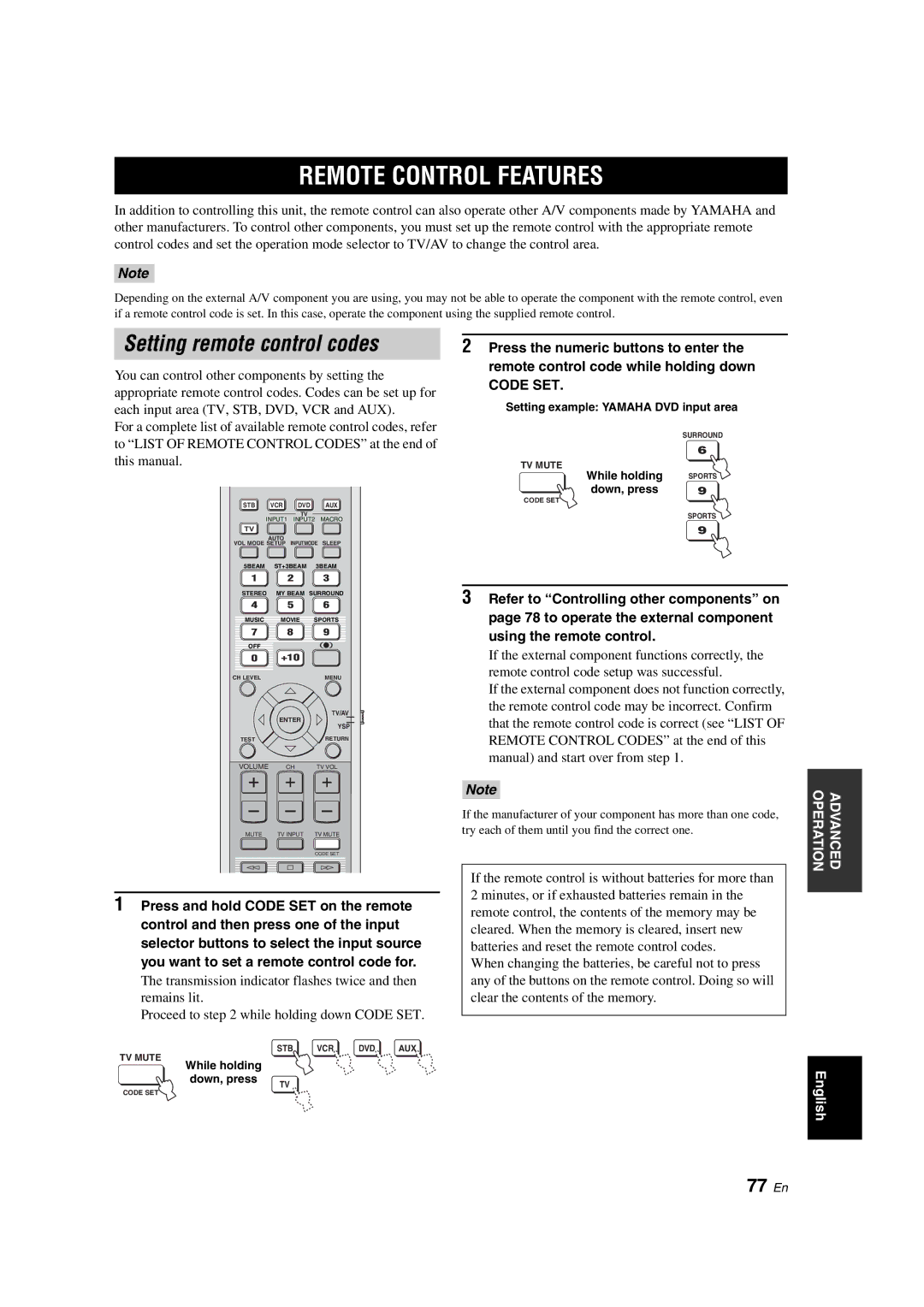 Yamaha YSP-900 owner manual Remote Control Features, Setting remote control codes, 77 En, Code SET 