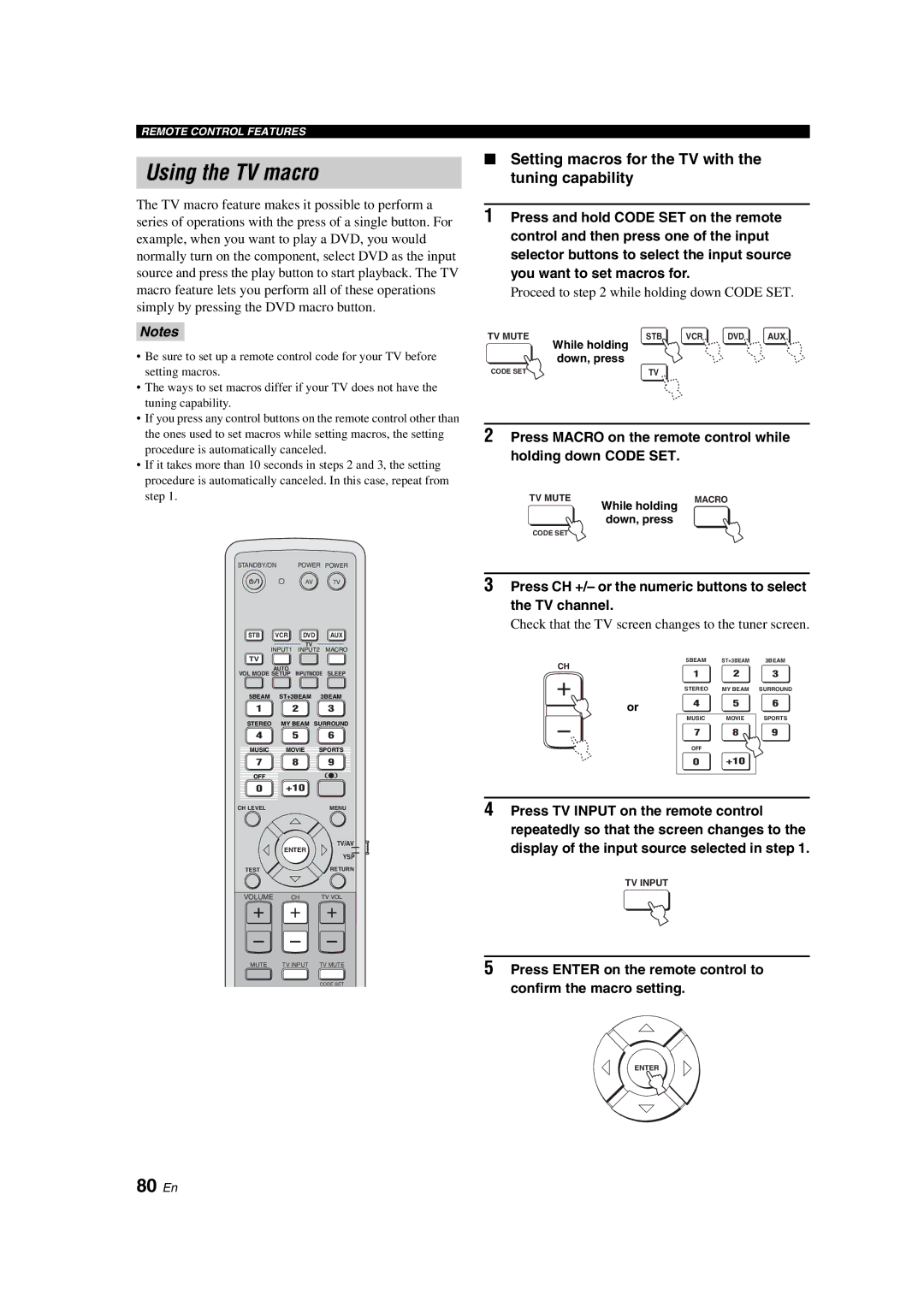 Yamaha YSP-900 owner manual Using the TV macro, 80 En, Setting macros for the TV with the tuning capability 