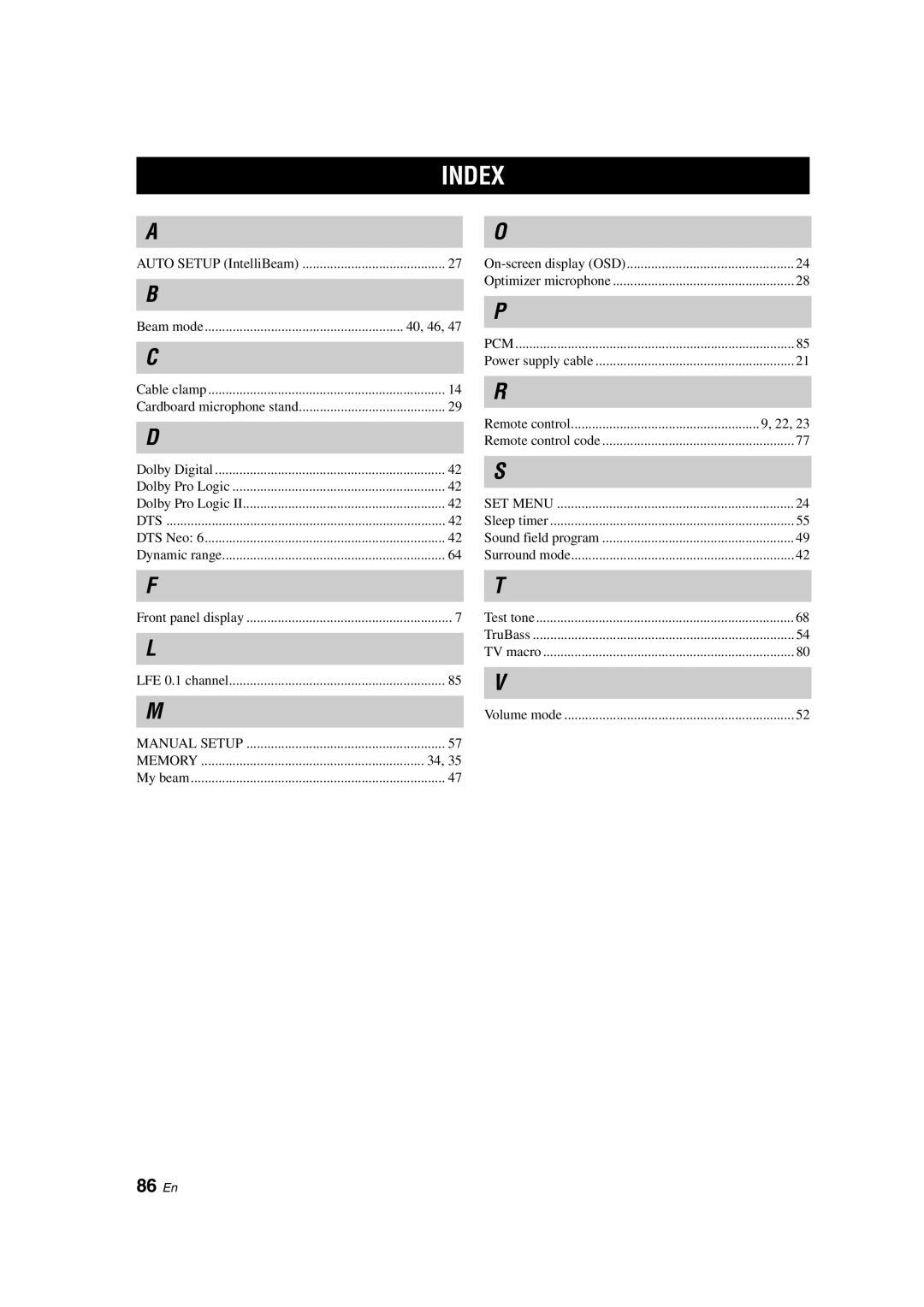 Yamaha YSP-900 owner manual Index, 86 En 