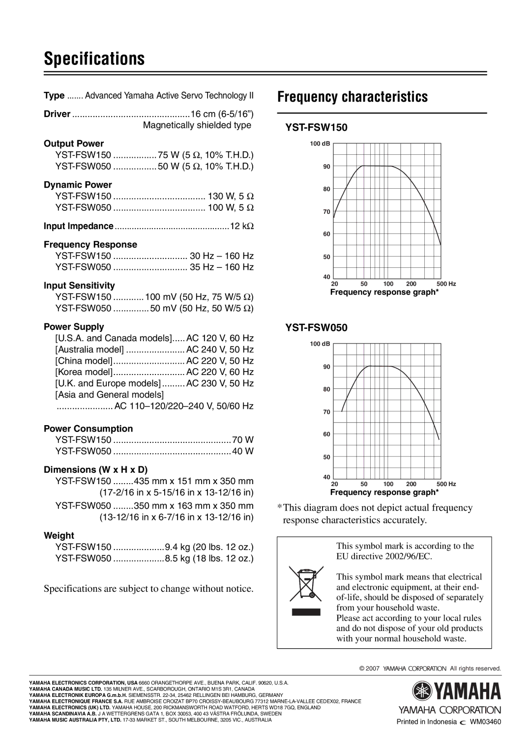 Yamaha YST-FSW050, YST-FSW150 Black owner manual Specifications, Frequency characteristics 