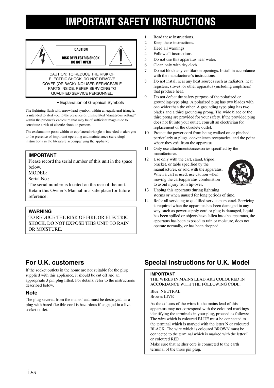 Yamaha YST-FSW050, YST-FSW150 Black owner manual For U.K. customers, Special Instructions for U.K. Model 