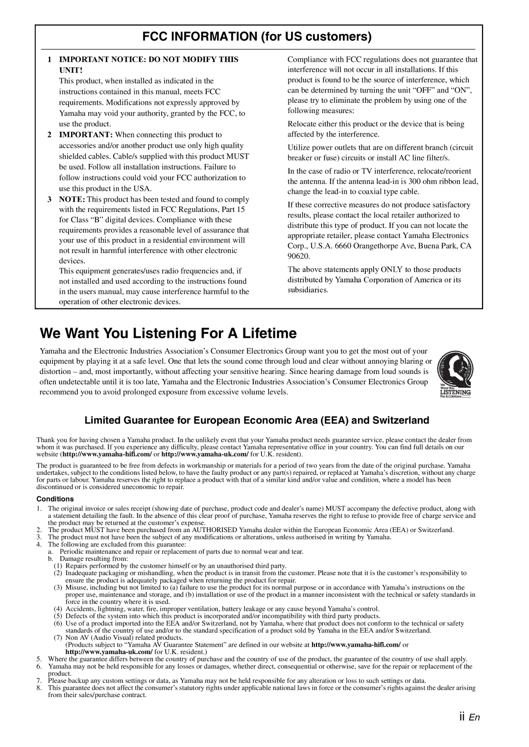 Yamaha YST-FSW050, YST-FSW150 Black owner manual We Want You Listening For a Lifetime, FCC Information for US customers 