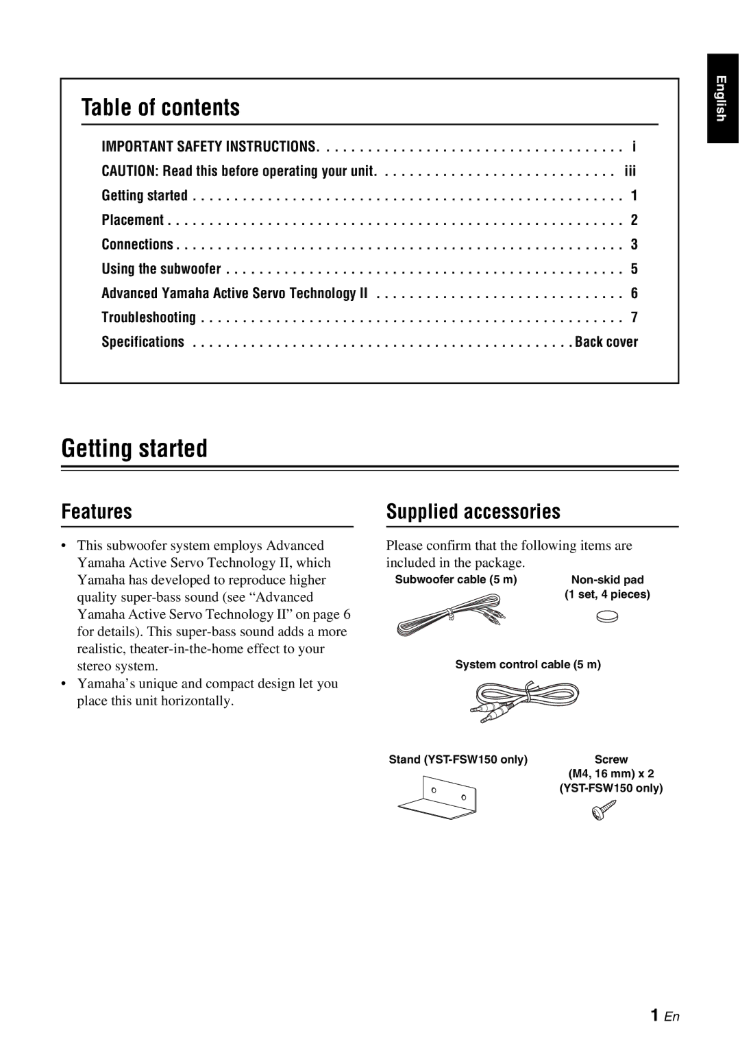 Yamaha YST-FSW050, YST-FSW150 Black owner manual Getting started, Table of contents 