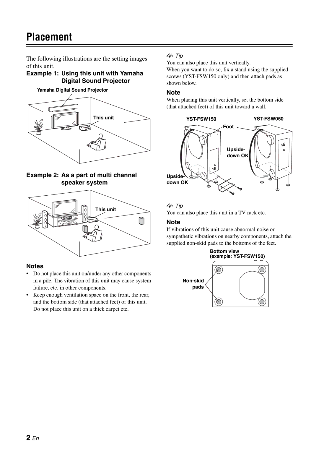 Yamaha YST-FSW050, YST-FSW150 Black owner manual Placement, Example 2 As a part of multi channel speaker system 