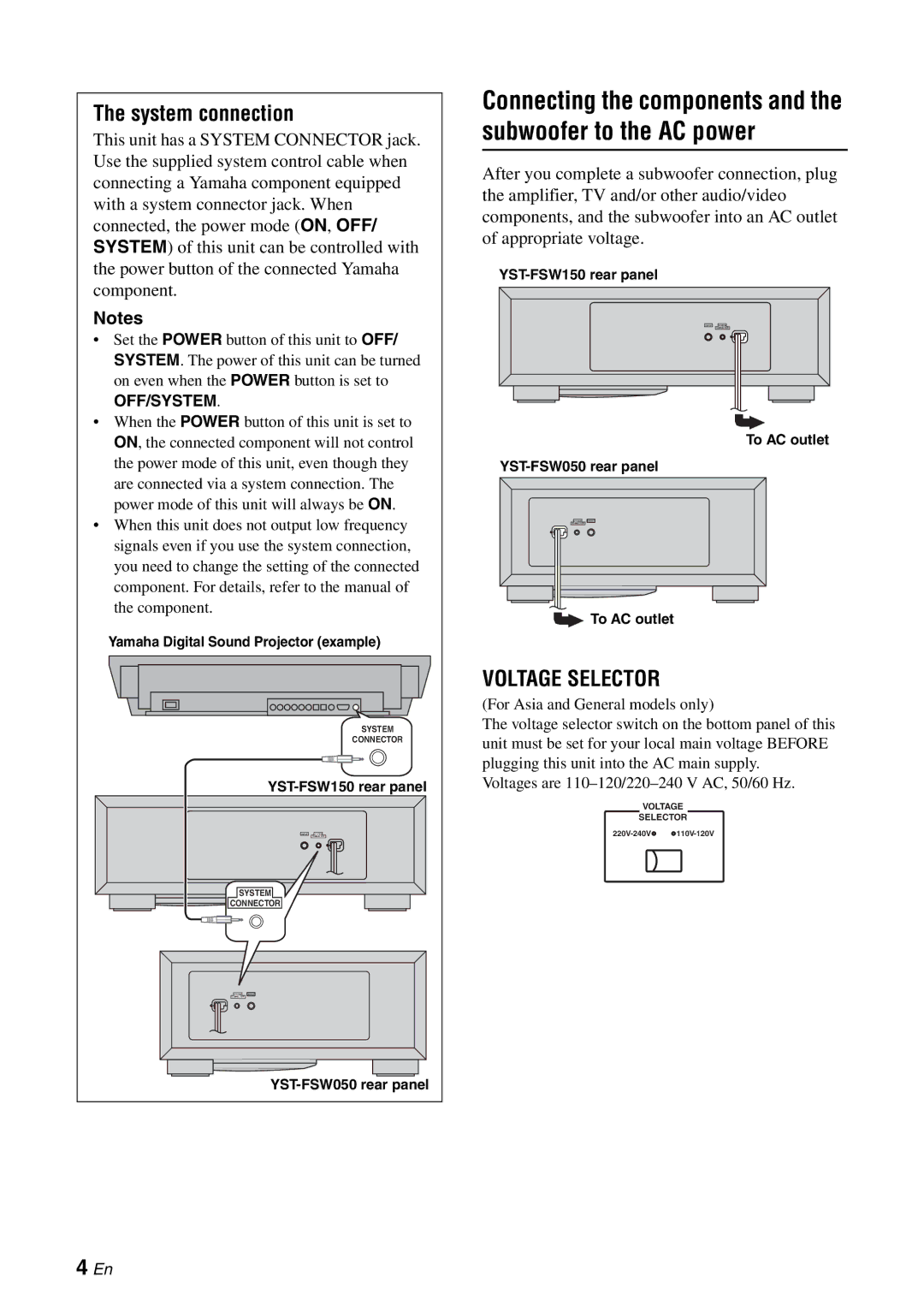 Yamaha YST-FSW050, YST-FSW150 Black owner manual System connection, Off/System 