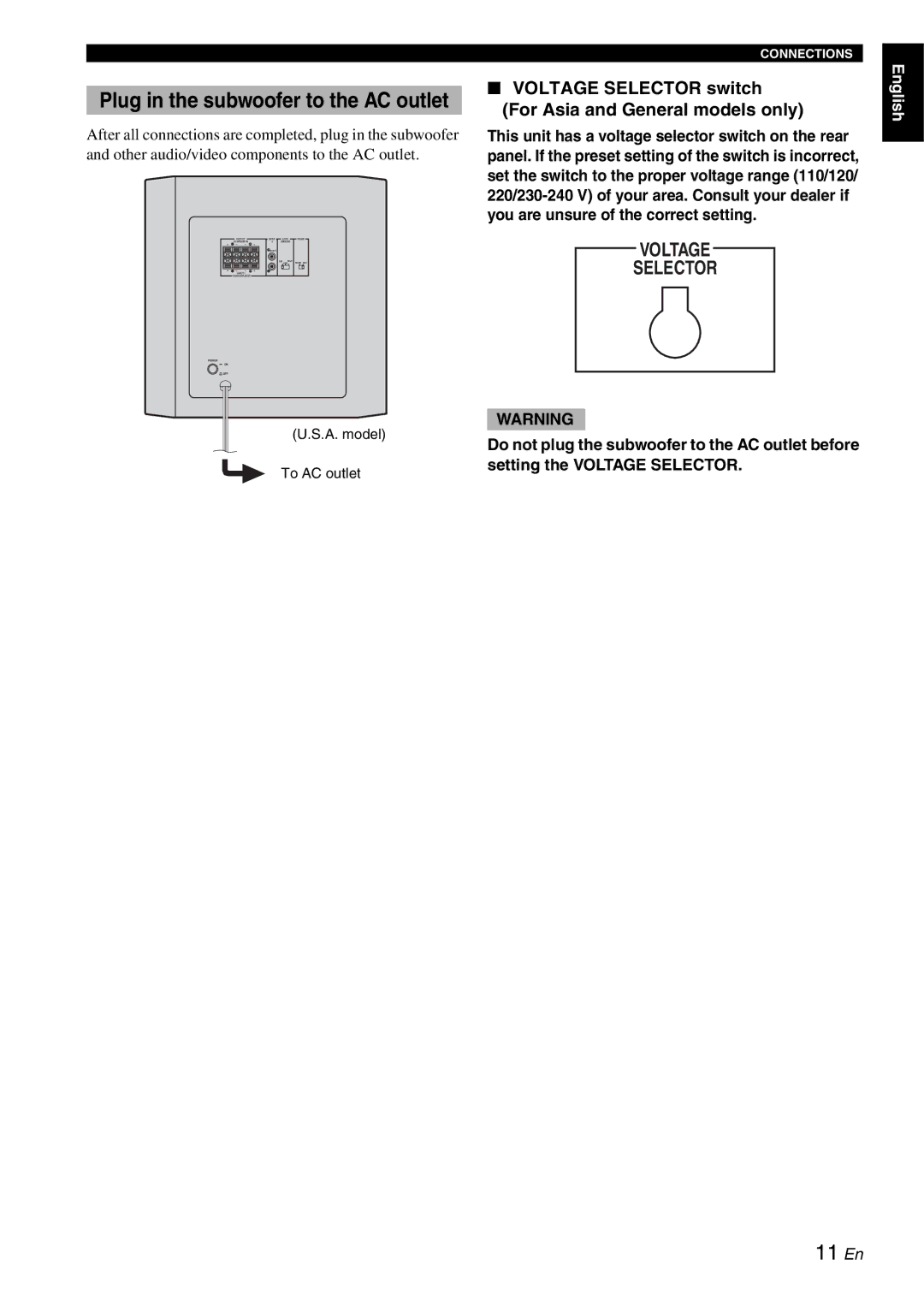 Yamaha YST-RSW300 Plug in the subwoofer to the AC outlet, Voltage Selector switch For Asia and General models only 