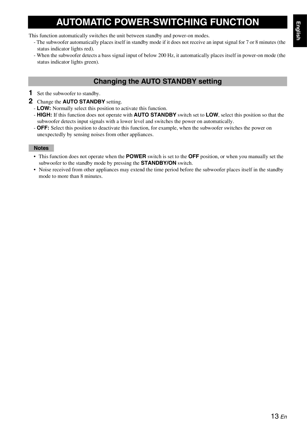 Yamaha YST-RSW300 owner manual Automatic POWER-SWITCHING Function, Changing the Auto Standby setting 